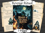 Book titled 'Ritual of Wrathful Redress' with spell pages on a wooden background
