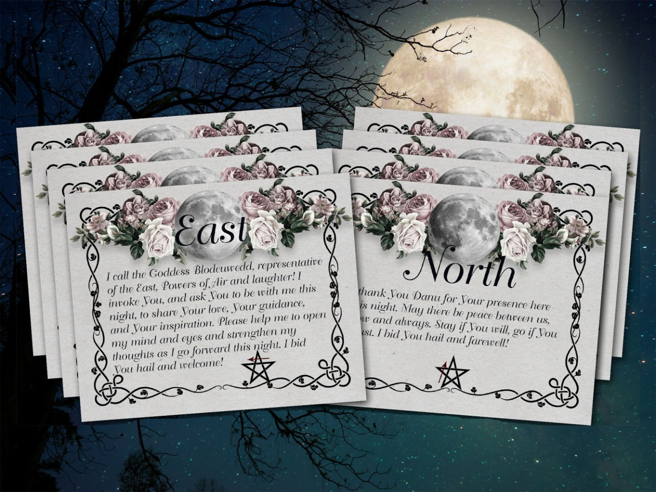 MOON CALL the QUARTERS, 8 Cards, Pentagram Magic, Make Sacred Space, Call the Elements, Open and Close a Magic Circle, Wicca Direction Cards - Morgana Magick Spell