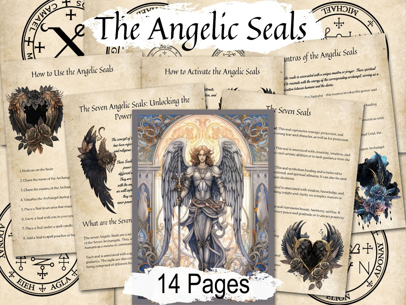 7 ANGELIC SEALS, 14 Pages, Divine wisdom of Archangels from Grimoire of Armadel, shown with the optional white background - Morgana Magick Spell