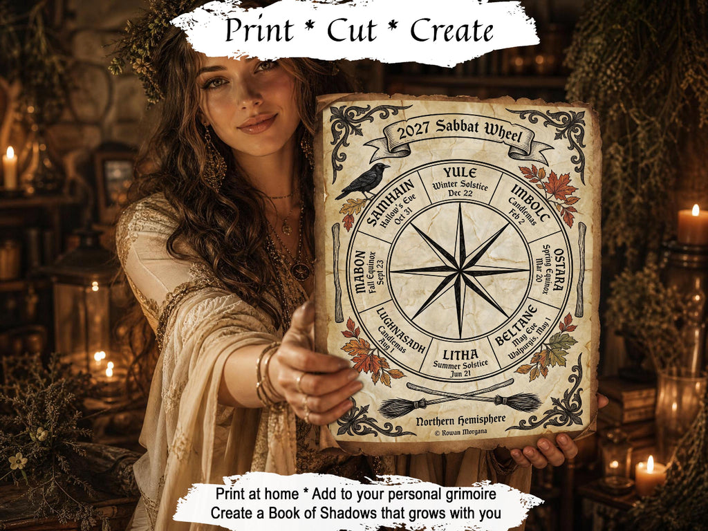 A woman in a bohemian-style outfit holds up a decorative 2027 Sabbat Wheel print, which is a circular astrological wheel with seasonal sections and a central star. The background is a dimly lit, warm, candle-lit room with dried flowers and lanterns.