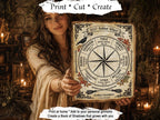 A woman in a bohemian-style outfit holds up a decorative 2027 Sabbat Wheel print, which is a circular astrological wheel with seasonal sections and a central star. The background is a dimly lit, warm, candle-lit room with dried flowers and lanterns.