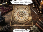 A styled flat-lay of a vintage-style '2027 Wheel of the Year' parchment print on a rustic wooden table, surrounded by occult-themed props including old books, a brass telescope, a cauldron with smoke, candles, and small bottles. Caption "Complete Your Collection" 