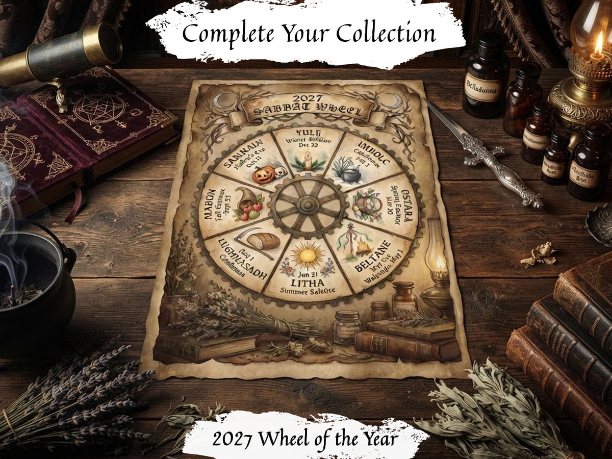 A styled flat-lay of a vintage-style '2027 Wheel of the Year' parchment print on a rustic wooden table, surrounded by occult-themed props including old books, a brass telescope, a cauldron with smoke, candles, and small bottles. Caption "Complete Your Collection" 