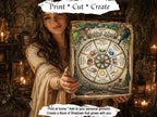A woman in a bohemian-style outfit holds up a decorative square print featuring the 2027 Sabbat Wheel. The scene is warmly lit with candles and dried botanicals in the background, with text overlays reading 'Print * Cut * Create' and 'Print at home * Add to your personal groimoire Create a Book of Shadows that grows with you.