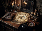 A gothic-style tabletop scene with a central aged parchment Wheel of the Year page labeled with mystical symbols and text, surrounded by lit candles, old books, glass bottles, crystals, a mirror, and a dark cloth in a dim interior.