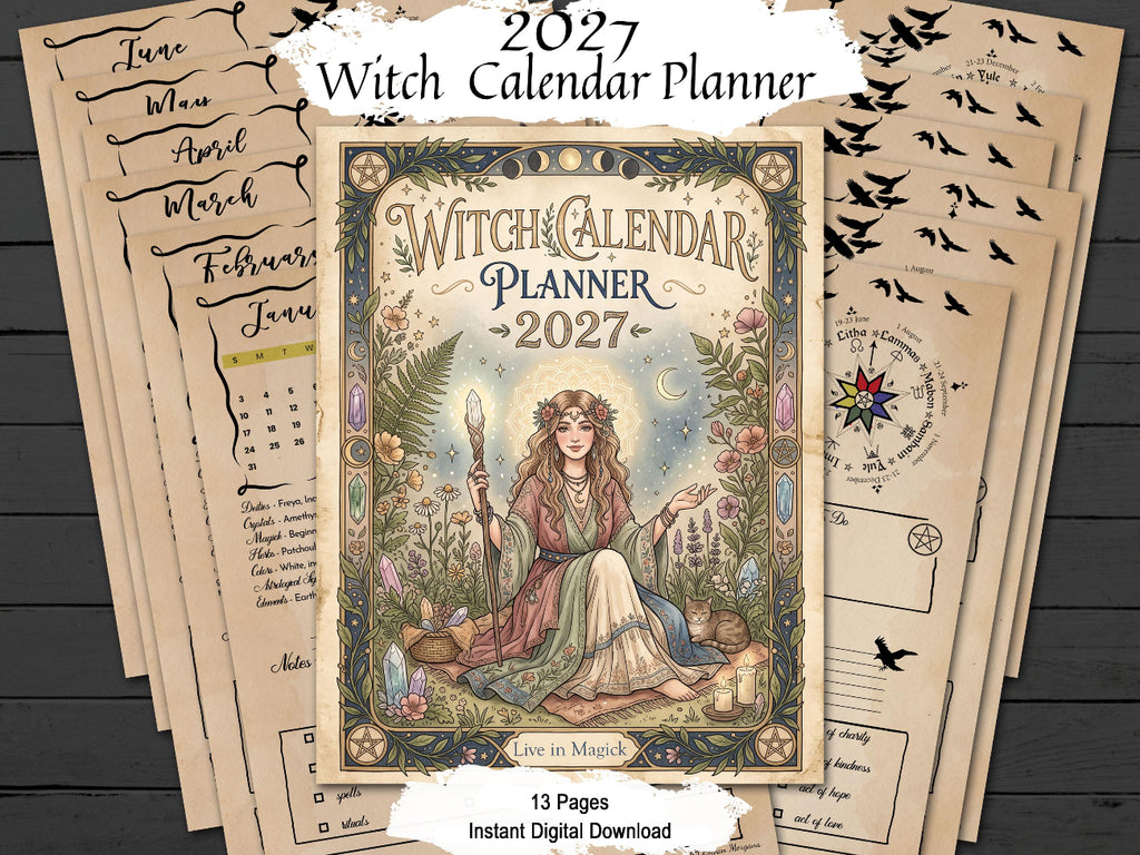 Witch Calendar Planner 2027 shown as a digital download mockup with multiple cream-colored pages fanned out behind the main cover. The central cover features an illustrated witch seated in a floral garden holding a staff, with decorative text reading 'Witch Calendar Planner 2027' and 'Live in Magic.
