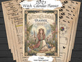Witch Calendar Planner 2027 shown as a digital download mockup with multiple cream-colored pages fanned out behind the main cover. The central cover features an illustrated witch seated in a floral garden holding a staff, with decorative text reading 'Witch Calendar Planner 2027' and 'Live in Magic.