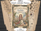 Witch Calendar Planner 2027 shown as a digital download mockup with multiple cream-colored pages fanned out behind the main cover. The central cover features an illustrated witch seated in a floral garden holding a staff, with decorative text reading 'Witch Calendar Planner 2027' and 'Live in Magic.