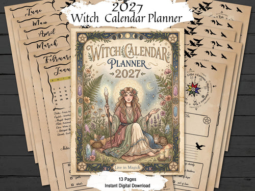 Witch Calendar Planner 2027 shown as a digital download mockup with multiple cream-colored pages fanned out behind the main cover. The central cover features an illustrated witch seated in a floral garden holding a staff, with decorative text reading 'Witch Calendar Planner 2027' and 'Live in Magic.