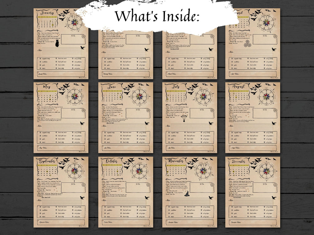 A 12-card monthly planner insert set displayed on a dark wood background, with a white brushstroke label reading 'What's Inside:' at the top. Each card is tan with black decorative script, a compass rose, and small bird illustrations.