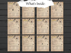 A 12-card monthly planner insert set displayed on a dark wood background, with a white brushstroke label reading 'What's Inside:' at the top. Each card is tan with black decorative script, a compass rose, and small bird illustrations.