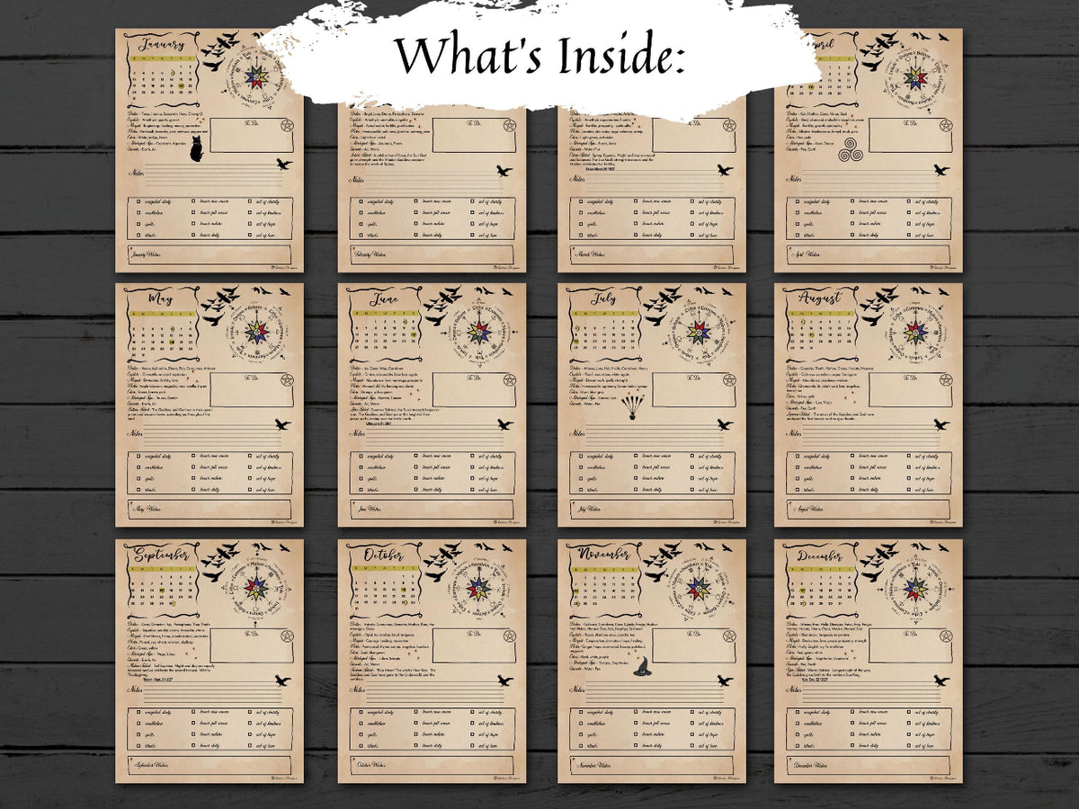 A 12-card monthly planner insert set displayed on a dark wood background, with a white brushstroke label reading 'What's Inside:' at the top. Each card is tan with black decorative script, a compass rose, and small bird illustrations.