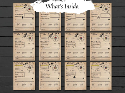 A 12-card monthly planner insert set displayed on a dark wood background, with a white brushstroke label reading 'What's Inside:' at the top. Each card is tan with black decorative script, a compass rose, and small bird illustrations.