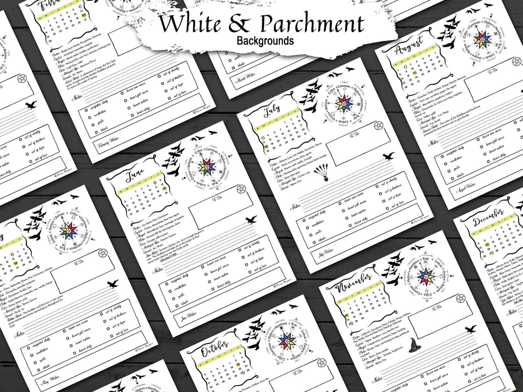 A collage of printed monthly calendar pages with black crow silhouettes, compass rose illustrations, and small decorative motifs on a white and parchment-style background. A torn-paper label at the top reads 'White & Parchment Backgrounds.