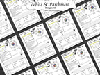 A collage of printed monthly calendar pages with black crow silhouettes, compass rose illustrations, and small decorative motifs on a white and parchment-style background. A torn-paper label at the top reads 'White & Parchment Backgrounds.