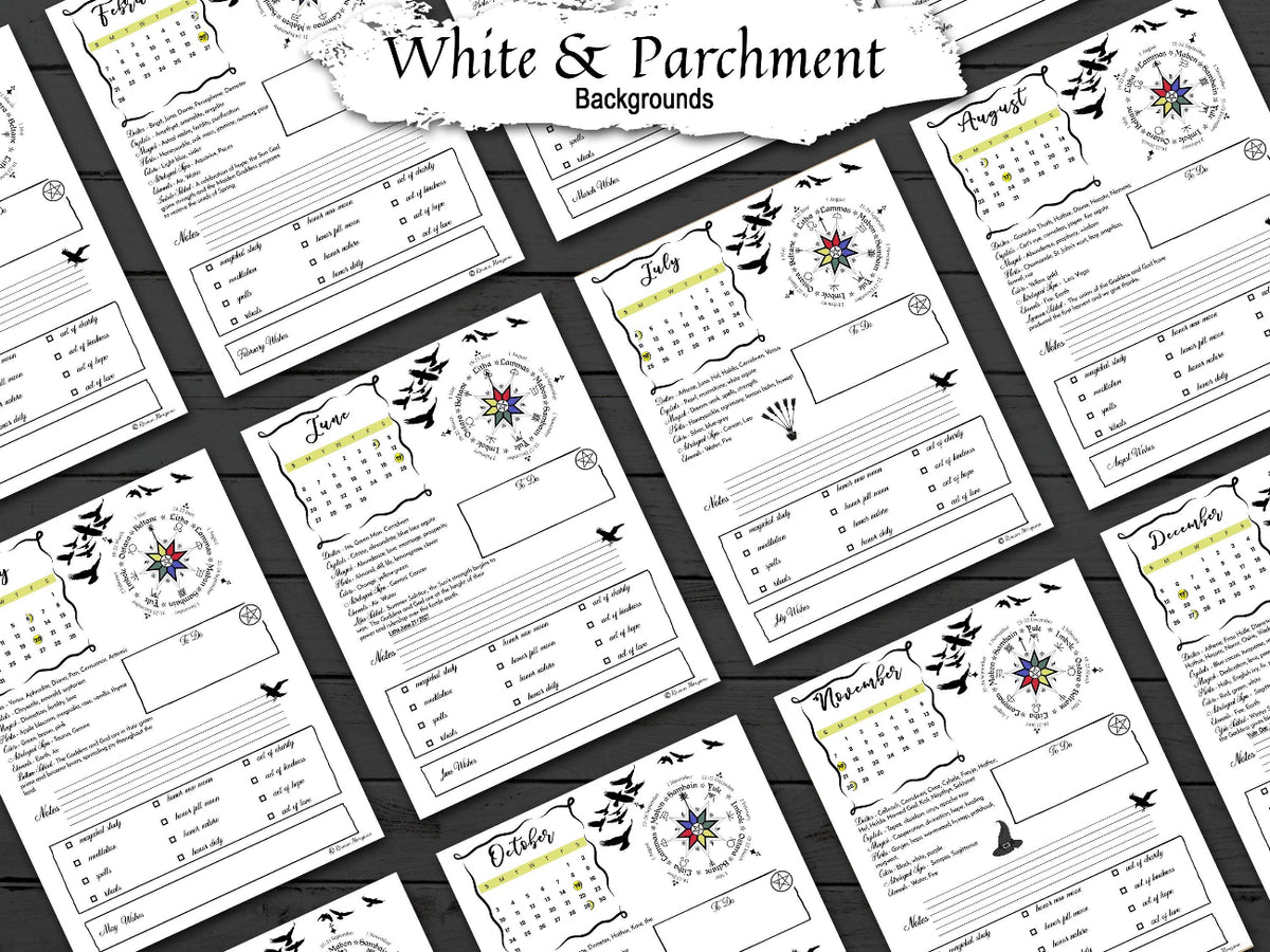 A collage of printed monthly calendar pages with black crow silhouettes, compass rose illustrations, and small decorative motifs on a white and parchment-style background. A torn-paper label at the top reads 'White & Parchment Backgrounds.