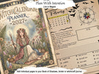 Witch Calendar Planner 2027 journal cover shown alongside an open February page from a matching journal, with decorative fantasy artwork, a calendar grid, and journaling prompts. Text at the top reads 'Plan With Intention Live in Magick' and the cover says 'Witch Calendar Planner 2027.