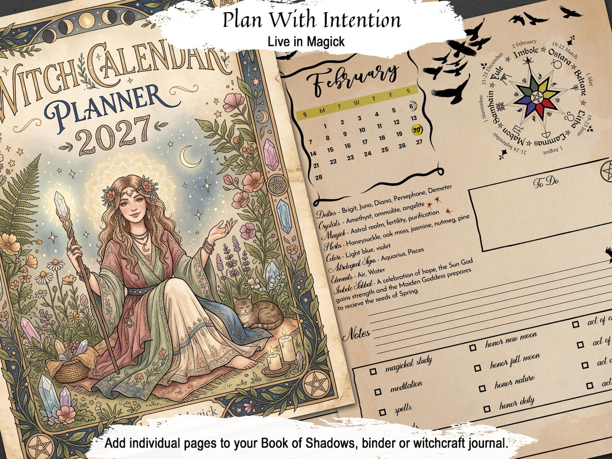 Witch Calendar Planner 2027 journal cover shown alongside an open February page from a matching journal, with decorative fantasy artwork, a calendar grid, and journaling prompts. Text at the top reads 'Plan With Intention Live in Magick' and the cover says 'Witch Calendar Planner 2027.