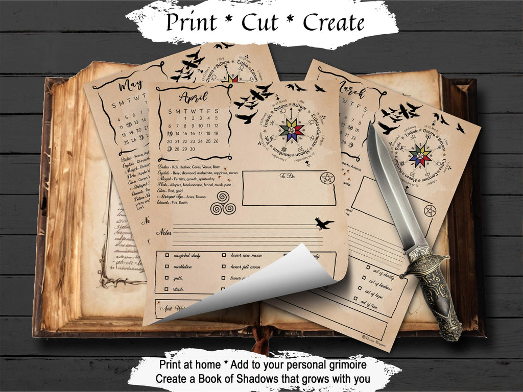 A styled flat-lay of printable grimoire pages spread over an old book, with a knife and a curled page, on a dark wood background. Text at the top reads 'Print * Cut * Create' and text at the bottom says 'Print at home * Add to your personal grimoire * Create a Book of Shadows that grows with you.