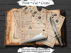 A styled flat-lay of printable grimoire pages spread over an old book, with a knife and a curled page, on a dark wood background. Text at the top reads 'Print * Cut * Create' and text at the bottom says 'Print at home * Add to your personal grimoire * Create a Book of Shadows that grows with you.