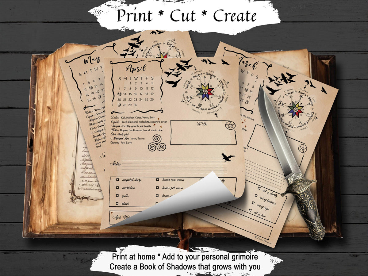 A styled flat-lay of printable grimoire pages spread over an old book, with a knife and a curled page, on a dark wood background. Text at the top reads 'Print * Cut * Create' and text at the bottom says 'Print at home * Add to your personal grimoire * Create a Book of Shadows that grows with you.
