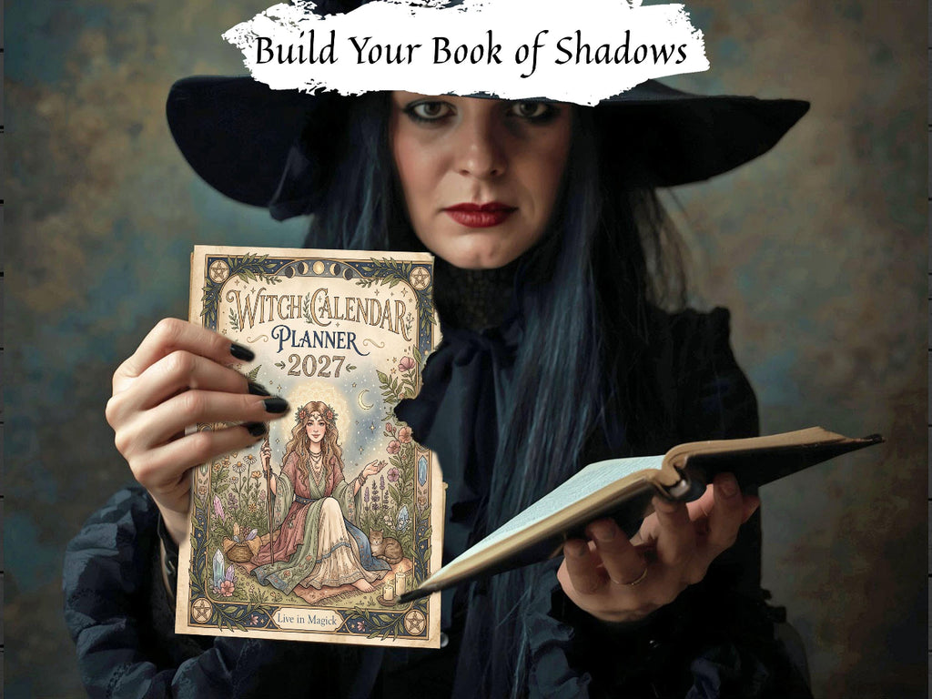 A woman in witch attire holds up a 2027 'Witch Calendar Planner' with an illustrated cover, while also holding an open book. A torn white banner at the top reads 'Build Your Book of Shadows'.