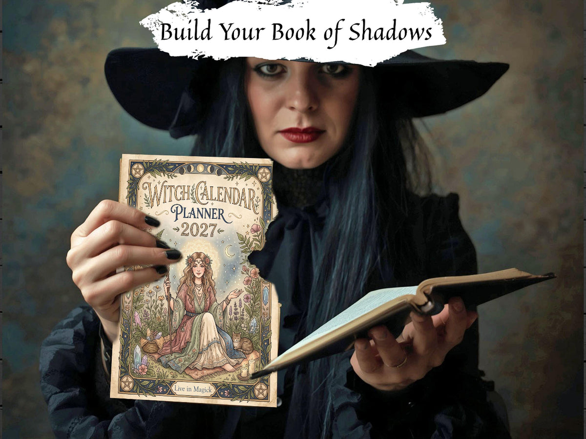 A woman in witch attire holds up a 2027 'Witch Calendar Planner' with an illustrated cover, while also holding an open book. A torn white banner at the top reads 'Build Your Book of Shadows'.