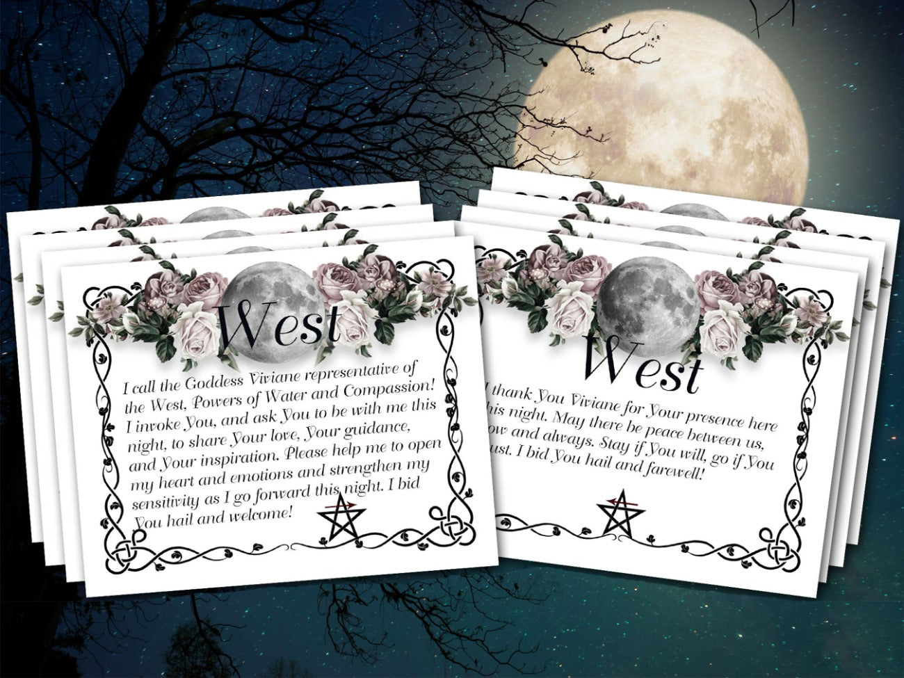 Full Moon Quarter Calls cards, 8 printable cards to call and dismiss the magic circle quarters shown with white background option- Morgana Magick Spell