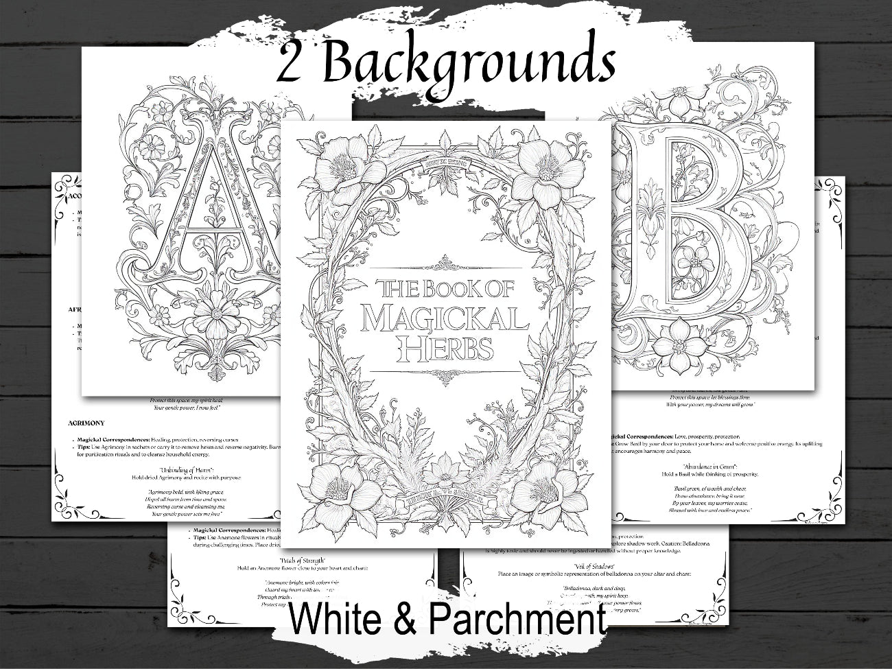 Coloring book pages with decorative text and floral designs on a wooden surface.
