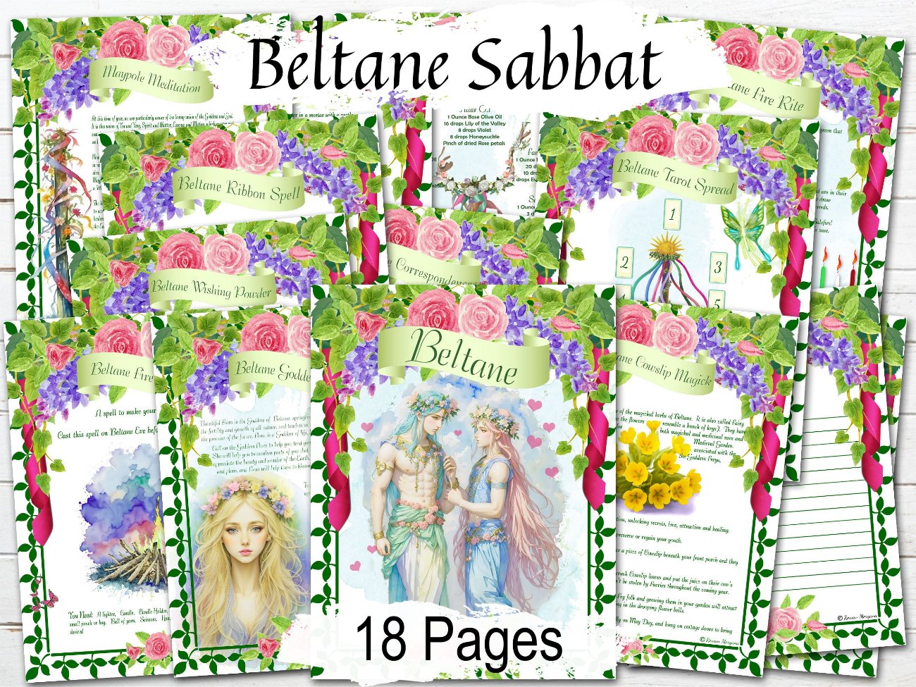 BELTANE SABBAT, Parchment Background, Grimoire Printable Spellbook, Wheel of the Year Traditions, Meditation, Rituals, Spells, Oil & Incense Recipes - Morgana Magick Spell