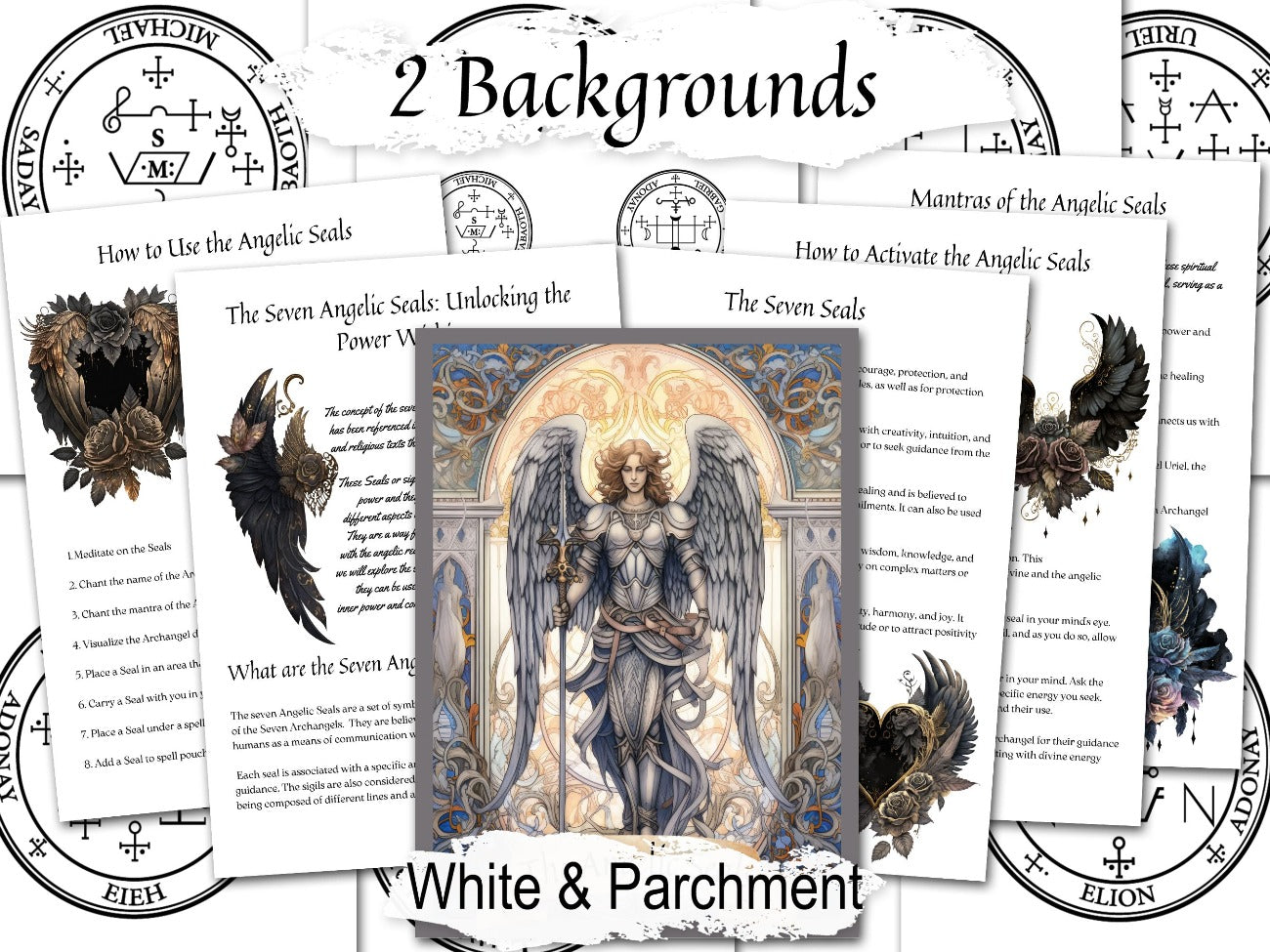 7 ANGELIC SEALS, 14 Pages, Divine wisdom of Archangels from Grimoire of Armadel, shown with the optional white background - Morgana Magick Spell