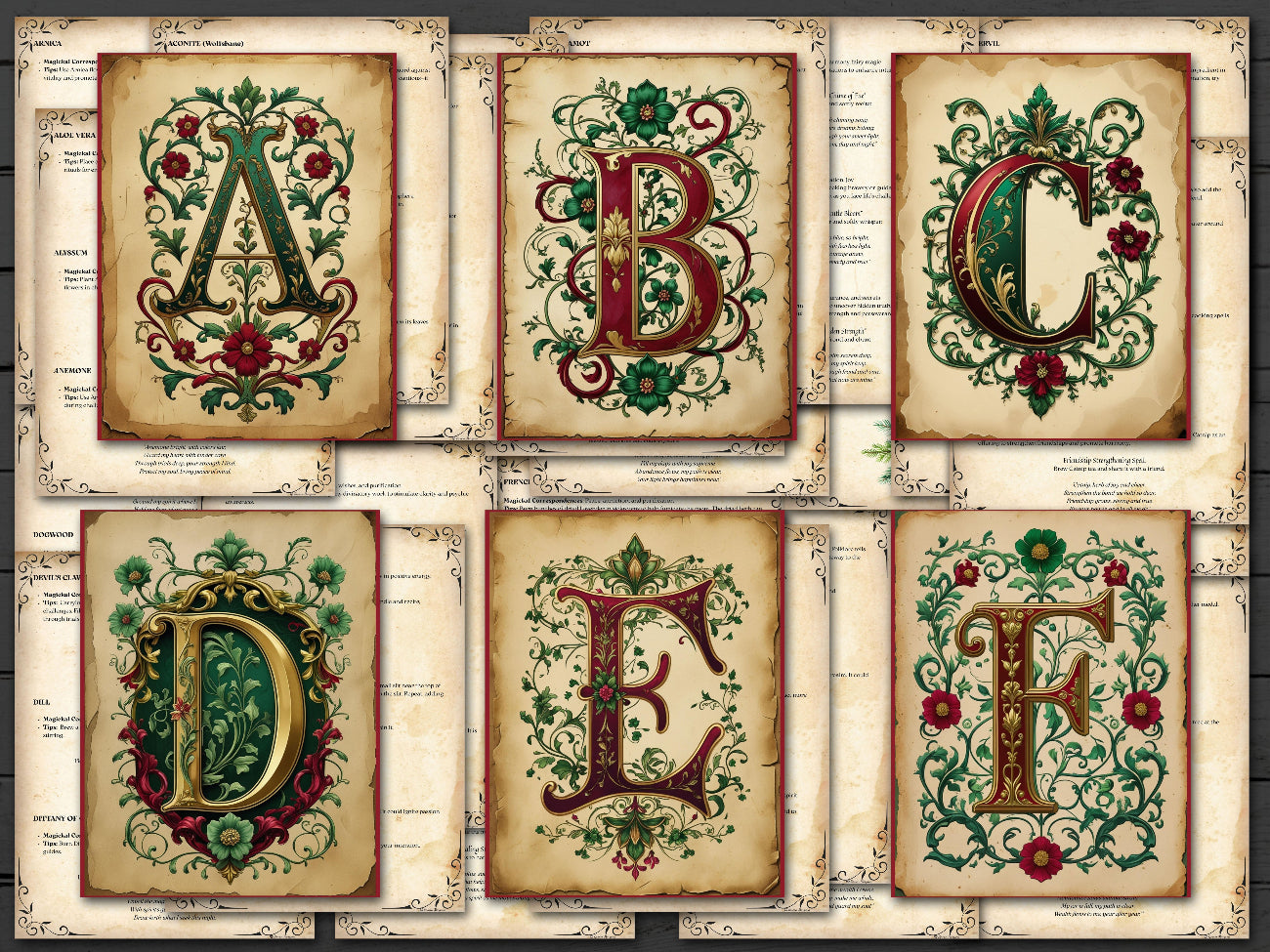 Decorative letters A to F with floral designs on a vintage paper background
