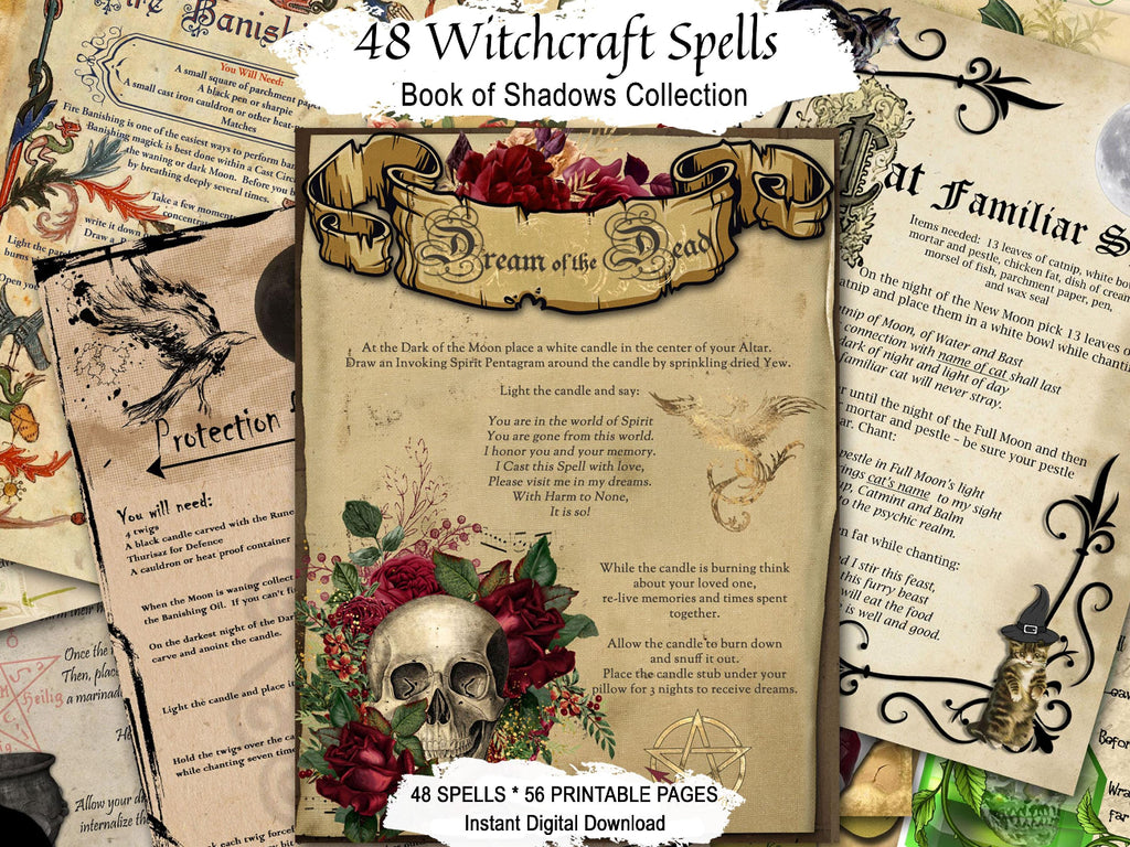 A collage-style promotional graphic for a printable book titled "48 Witchcraft Spells: Book of Shadows Collection." The central item is a parchment-style spell page with red roses, a skull, and decorative scrollwork, surrounded by other vintage spellbook pages and black ornamental graphics.