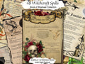 A collage-style promotional graphic for a printable book titled "48 Witchcraft Spells: Book of Shadows Collection." The central item is a parchment-style spell page with red roses, a skull, and decorative scrollwork, surrounded by other vintage spellbook pages and black ornamental graphics.