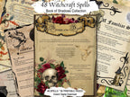 A collage-style promotional graphic for a printable book titled "48 Witchcraft Spells: Book of Shadows Collection." The central item is a parchment-style spell page with red roses, a skull, and decorative scrollwork, surrounded by other vintage spellbook pages and black ornamental graphics.