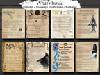 A collage showing eight aged parchment-style spellbook pages arranged on a dark wood background, with a white banner at the top reading “What’s Inside: Protection • Prosperity • Transformation • Purification.” The pages feature vintage parchment textures, handwritten script, decorative borders, and illustrations including a witch, a bird, and a rainbow.