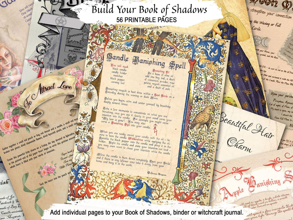 A collage of decorative journaling and spellbook pages with ornate borders, including a central parchment page titled 'Candle Banishing Spell' and text reading 'Build Your Book of Shadows' and '56 Printable Pages.'.