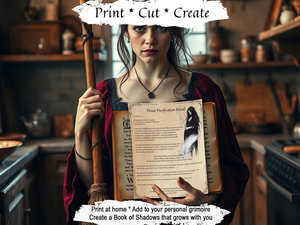 A woman in a rustic kitchen holds a wooden wand and an open book with a printed ritual page titled 'House Purification Ritual.' Text overlays read 'Print * Cut * Create' and 'Print at home * Add to your personal grimoire Create a Book of Shadows that grows with you.