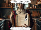 A woman in a rustic kitchen holds a wooden wand and an open book with a printed ritual page titled 'House Purification Ritual.' Text overlays read 'Print * Cut * Create' and 'Print at home * Add to your personal grimoire Create a Book of Shadows that grows with you.