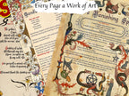 A collage of illustrated and handwritten pages with decorative fantasy artwork, old English text, and the headline 'Every Page a Work of Art' across the top.
