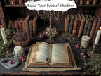 An open antique-style book laid on a dark wooden table, surrounded by candles, old books, greenery, and a glass orb, with the text 'Build Your Book of Shadows' at the top.