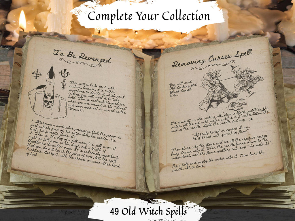 An open antique-style book displaying aged parchment pages with handwritten witch spells and illustrations, set against a mystical background with candles and a decorative banner reading 'Complete Your Collection' and '49 Old Witch Spells'.