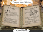 An open antique-style book displaying aged parchment pages with handwritten witch spells and illustrations, set against a mystical background with candles and a decorative banner reading 'Complete Your Collection' and '49 Old Witch Spells'.