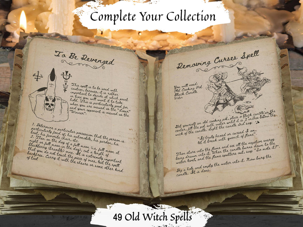 An open antique-style book displaying aged parchment pages with handwritten witch spells and illustrations, set against a mystical background with candles and a decorative banner reading 'Complete Your Collection' and '49 Old Witch Spells'.