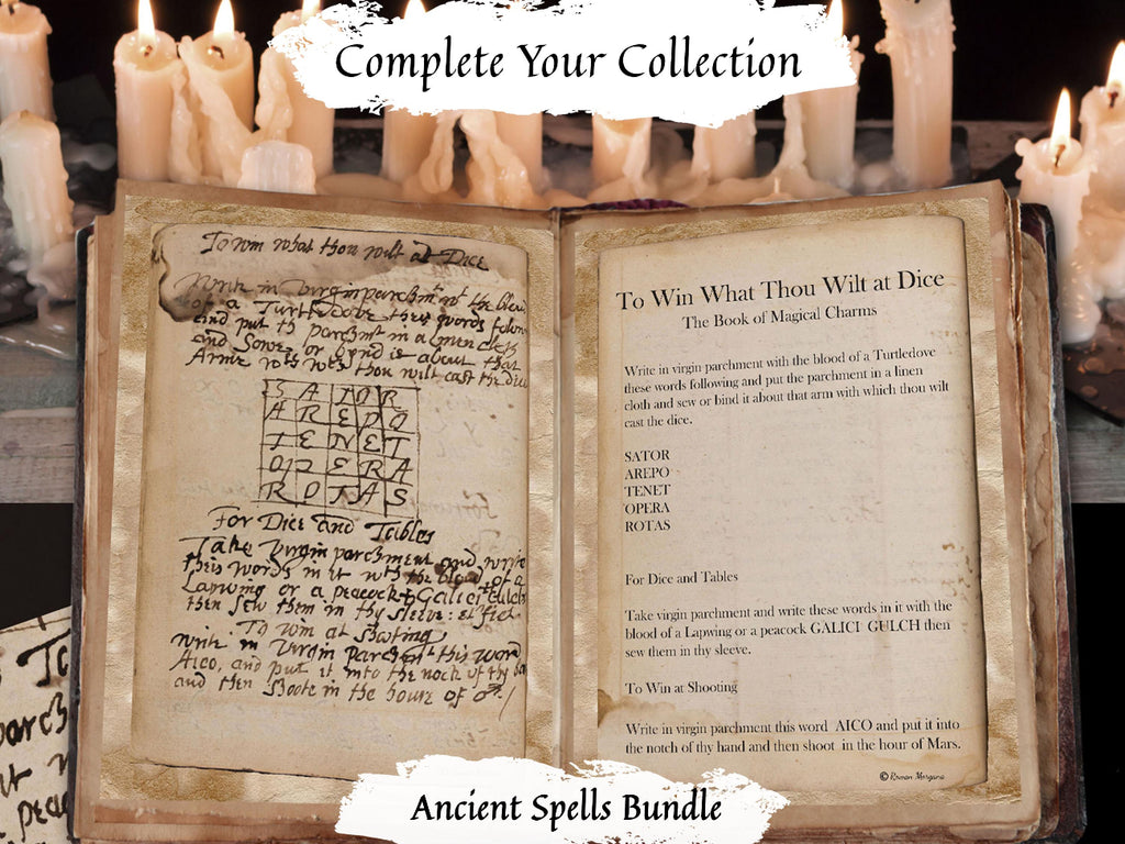 An open antique-style book with handwritten and printed spells on aged parchment, surrounded by lit white candles. Text overlays read 'Complete Your Collection' at the top and 'Ancient Spells Bundle' at the bottom.