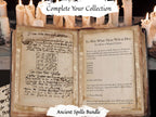 An open antique-style book with handwritten and printed spells on aged parchment, surrounded by lit white candles. Text overlays read 'Complete Your Collection' at the top and 'Ancient Spells Bundle' at the bottom.