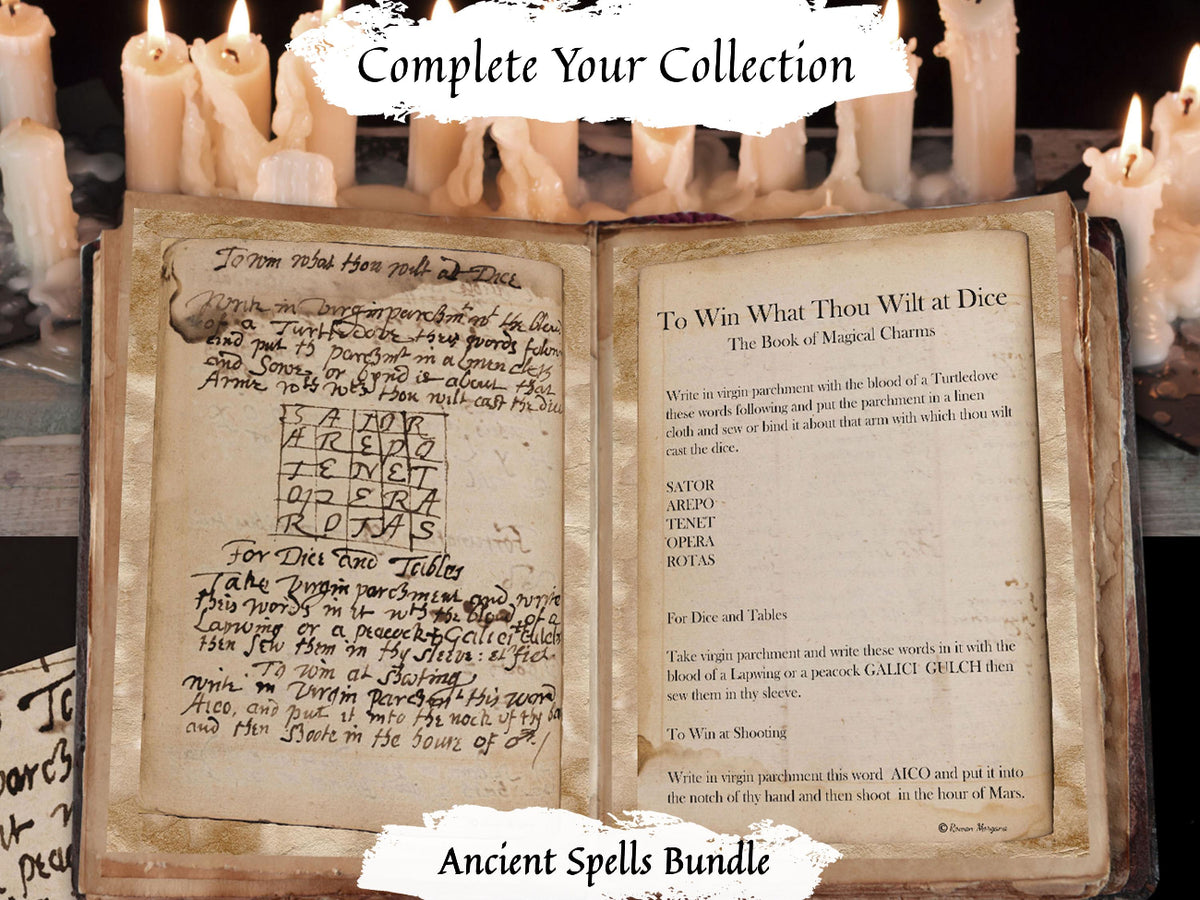 An open antique-style book with handwritten and printed spells on aged parchment, surrounded by lit white candles. Text overlays read 'Complete Your Collection' at the top and 'Ancient Spells Bundle' at the bottom.