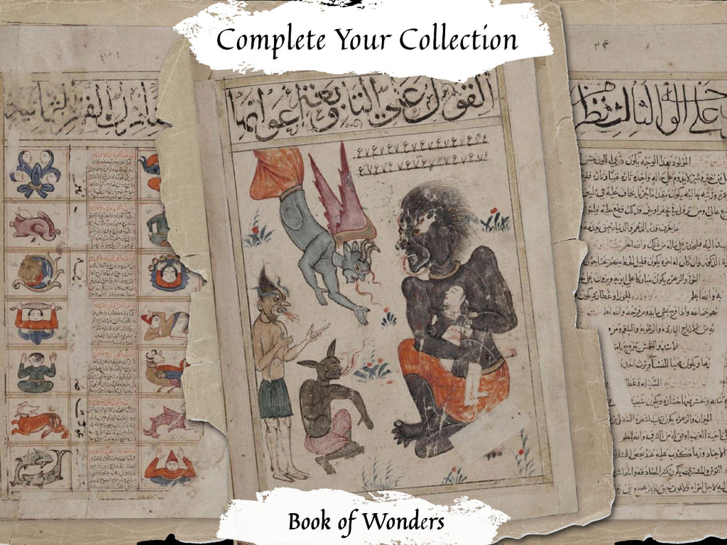 An open antique-style book or manuscript with Arabic script and colorful illustrations, including a central figure and a hanging figure. Text overlays read 'Complete Your Collection' at the top and 'Book of Wonders' at the bottom.