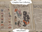 An open antique-style book or manuscript with Arabic script and colorful illustrations, including a central figure and a hanging figure. Text overlays read 'Complete Your Collection' at the top and 'Book of Wonders' at the bottom.