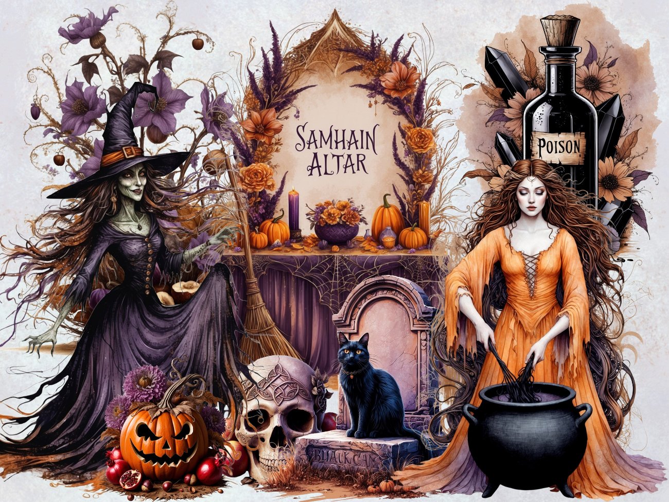 HALLOWEEN CLIPART, Samhain Wicca Sabbat, 98 Art PNGs, Spooky Witches, Digital Grimoire, Printable Book of Shadows, Commercial Use - Morgana Magick Spell